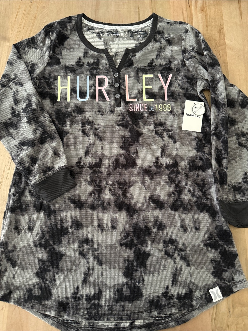 Hurley Black & Gray Tie-Dye Waffle Henley with Pastel Logo